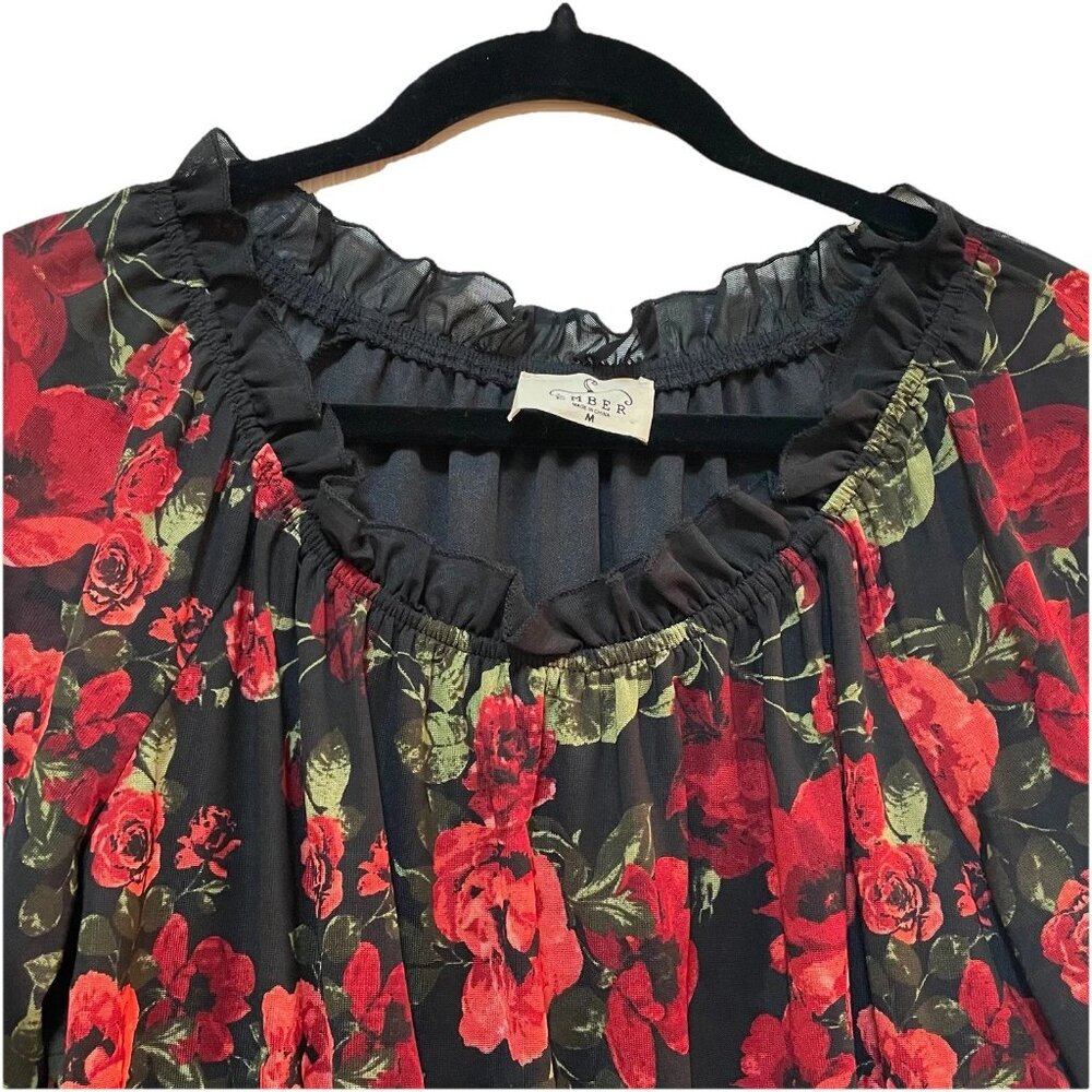 EMBER Black Rose/Floral Balloon Sheer 3/4 Length Sleeve Shirt Sz M - Picture 3 of 8